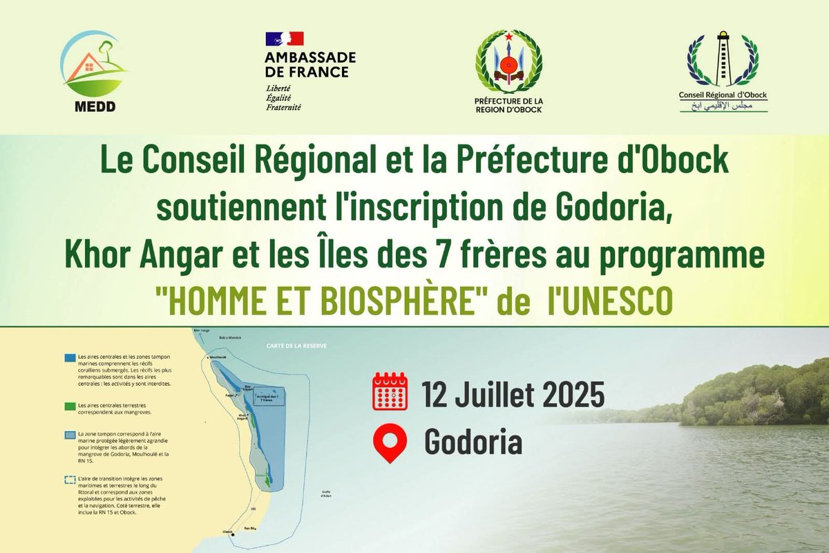 La région d’Obock organise une grande marche citoyenne en soutien à l’inscription de ses sites naturels emblématiques au Programme "Homme et Biosphère" de l’#UNESCO.

Tous ensemble pour la nature ! #Obock #Biodiversité #UNESCO #Godoria