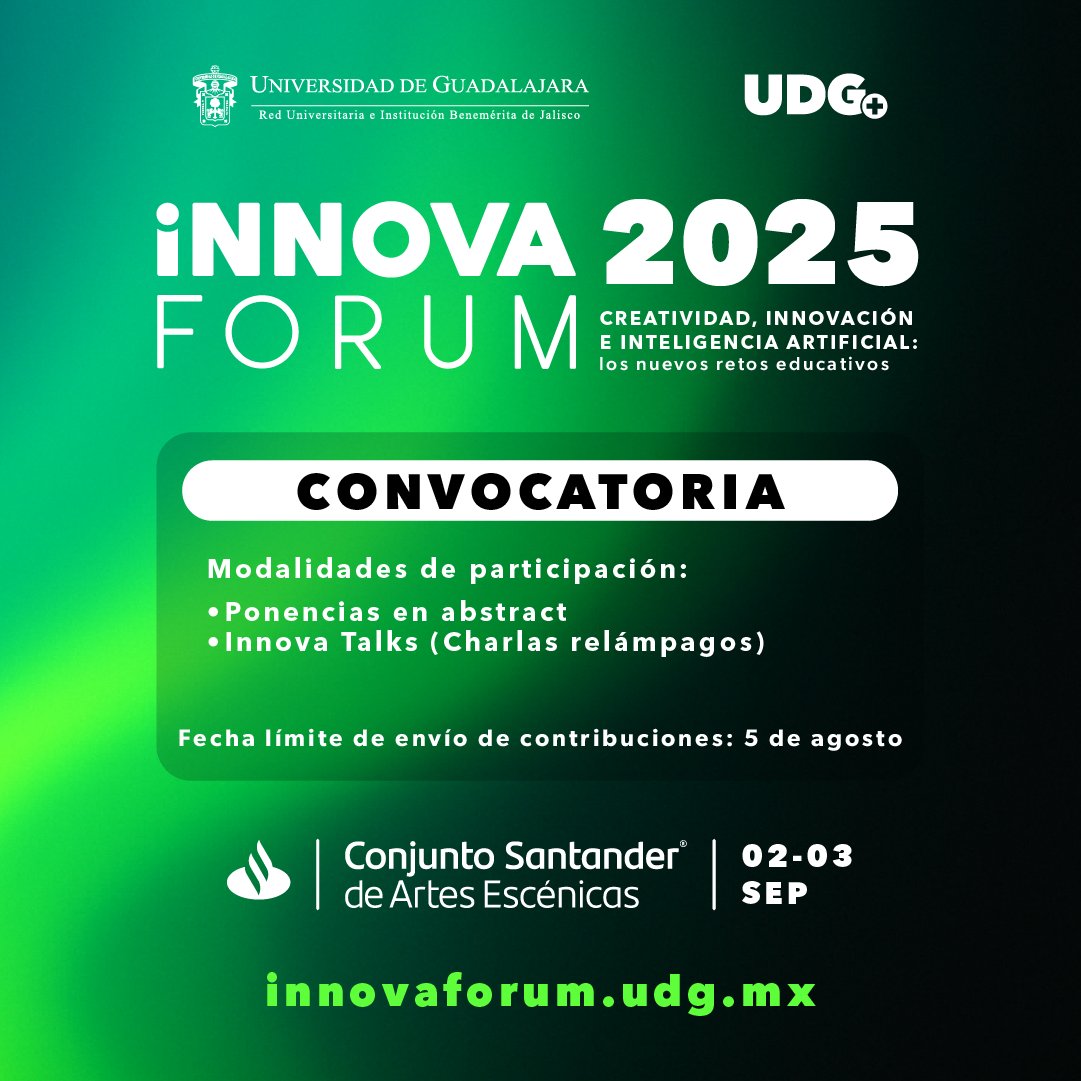 UDGPlus (@udgplus) on Twitter photo 🚨 ¡Se acaba el tiempo!
Últimos días para postular tu propuesta como ponente en <a href="/innova_forum/">iNNOVA FORUM</a> 2025
📣 Dirigido a personas investigadoras, profesorado, estudiantes y público en general
🗓️ Envía tu contribución antes del 5 de agosto innovaforum.udg.mx 🚨 ¡Se acaba el tiempo!
Últimos días para postular tu propuesta como ponente en <a href="/innova_forum/">iNNOVA FORUM</a> 2025
📣 Dirigido a personas investigadoras, profesorado, estudiantes y público en general
🗓️ Envía tu contribución antes del 5 de agosto innovaforum.udg.mx