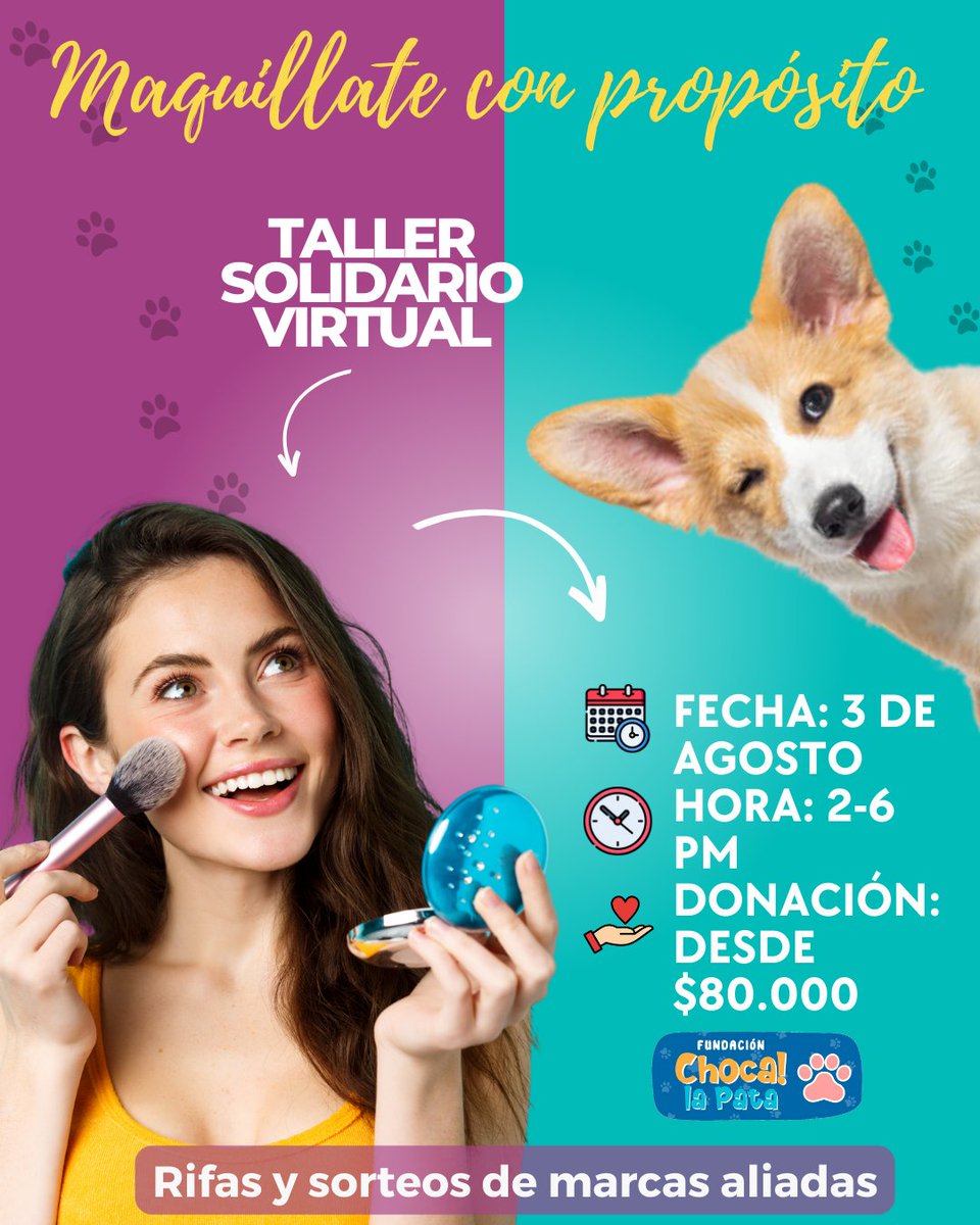 FunChocaLaPata's tweet photo. 💄 Maquíllate con propósito, ¡y ayuda a salvar vidas peludas! 🐾

Este 3 de agosto únete a nuestro Taller Solidario Virtual de Automaquillaje, una experiencia pensada para ti… y para los perritos rescatados de la Fundación Colombia Choca la Pata. 🐶💙 WhatsApp 3146836324 https://t.co/AXGqR9Fpfr