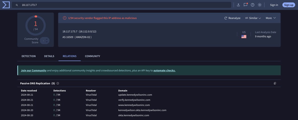 soursec_'s tweet image. Possible Scattered Spider Infra Targeting @KennedyWilson 🕷️

/18.117.173[.]7
/kennedywilsoninc[.]com

#IoCs #ScatteredSpider | #ThreatHunting #Censys

@500mk500 @MichalKoczwara @malwrhunterteam @skocherhan @1ZRR4H