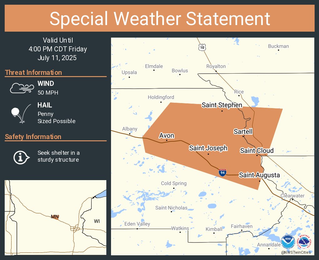 A special weather statement has been issued for Saint Cloud MN, Sartell MN and  Sauk Rapids MN until 4:00 PM CDT