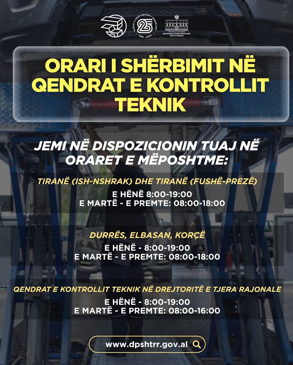 dpshtrr's tweet photo. 📅 Orari i Shërbimit në Qendrat e Kontrollit Teknik
🚗💨 Kujdesuni për mjetin tuaj në kohë!
🔧 Jemi në dispozicionin tuaj në çdo qytet të Shqipërisë sipas fashave orare :
#Automjete #QendraKontrolli #OrariShërbimit https://t.co/FLiOWvKU18