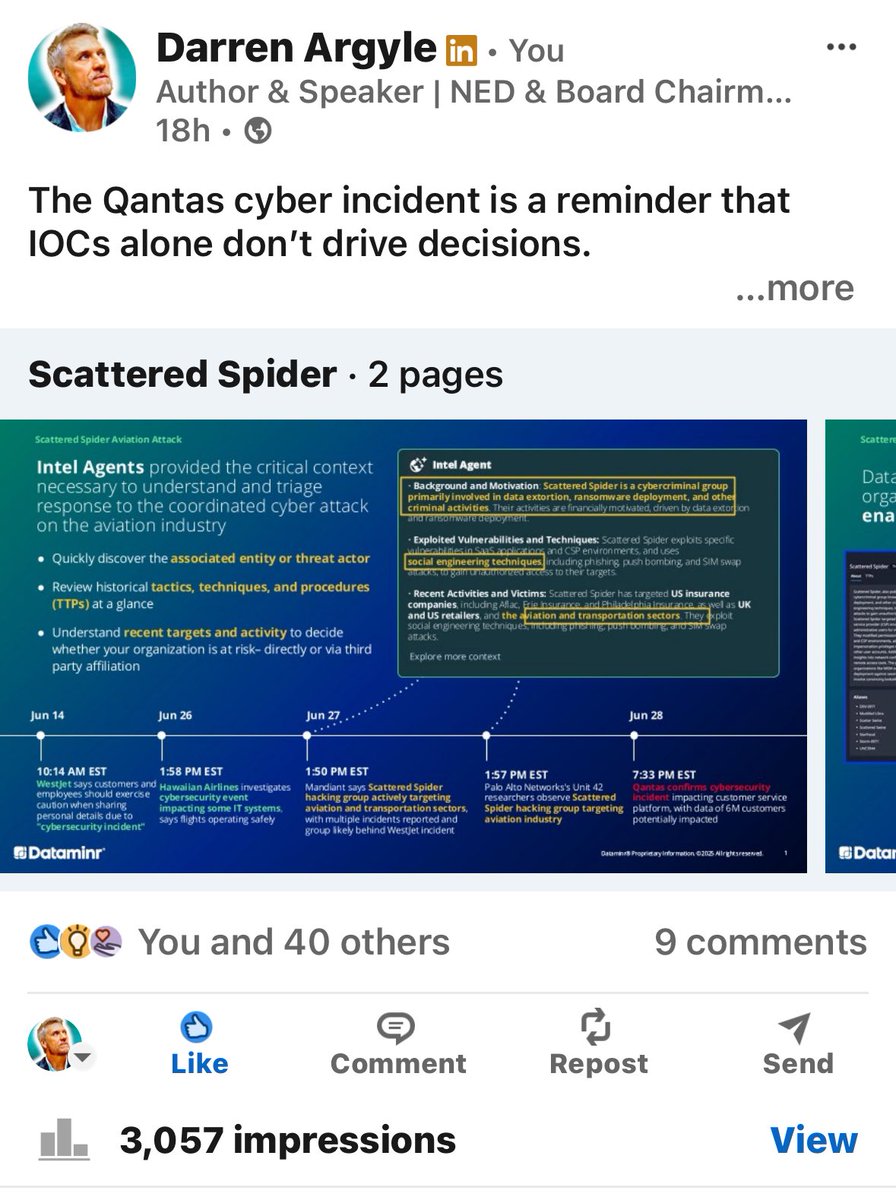 D_Argyle's tweet image. The Qantas cyber incident is a reminder that IOCs alone don’t drive decisions.

🎯 During my time at Qantas, I learned that effective leadership means being able to distinguish between threats that are 'probable' verses 'imminent' #scatteredspider #CyberSecurity