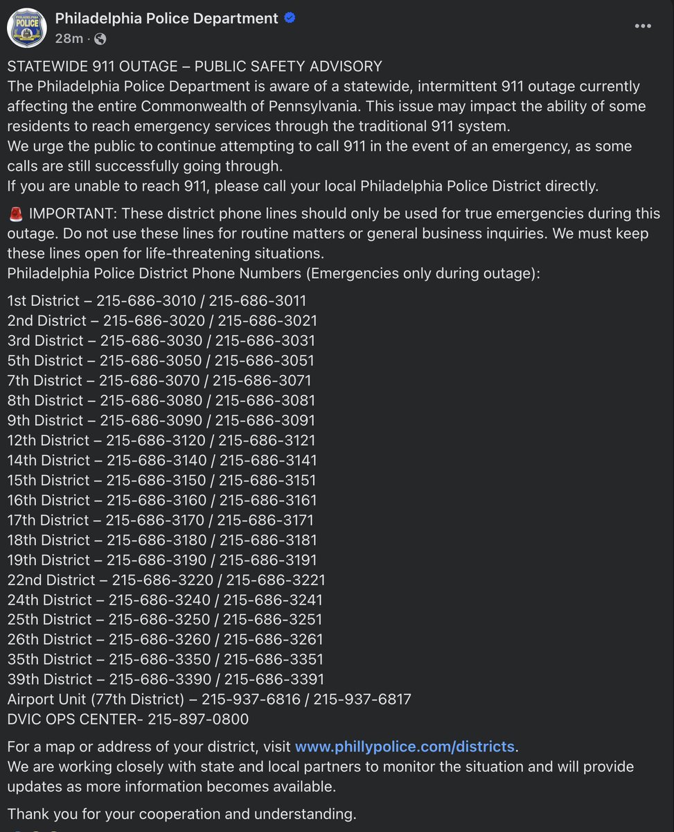 RepCephas's tweet image. Please be aware of the 911 outage across the state. If you have a true life-threatening emergency in our area, please call the 19th Police District at 215‑686‑3190 or 215‑686‑3191.