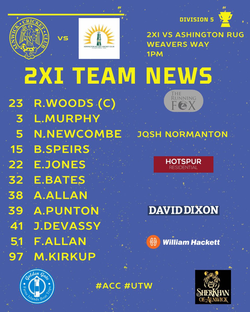 Alnwick Cricket Club (@alnwickcc) on Twitter photo 🚨Team News🚨
The teams are out for tomorrow’s fixtures!
The 1s travel to down to <a href="/BlaydonCricket/">Blaydon Cricket Club</a> looking to replicate the win at Weavers Way and the 2 host <a href="/ashrugcc/">Ashington Rugby CC</a>!
#ACC #UTW 🔵🟡🏏 🚨Team News🚨
The teams are out for tomorrow’s fixtures!
The 1s travel to down to <a href="/BlaydonCricket/">Blaydon Cricket Club</a> looking to replicate the win at Weavers Way and the 2 host <a href="/ashrugcc/">Ashington Rugby CC</a>!
#ACC #UTW 🔵🟡🏏