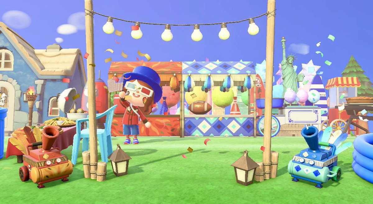 ACNH_Rainbow13's tweet photo. I’ve been participating in the @T_and_T_Arcade July Daily Photo Challenge on Facebook, and thought I should probably share some pics here too, so here’s Days 1-4: Maple Leaf Umbrella, UFO Day, 50th Anniversary of Jaw, and 4th July! https://t.co/nzMflRFUcn