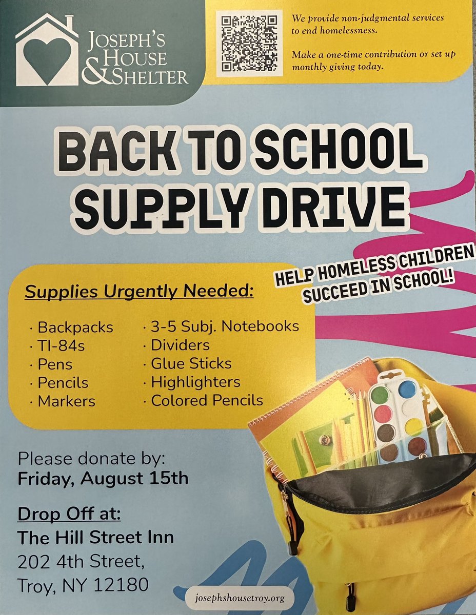 TroyCityHall's tweet image. 📚✏️ Joseph’s House is hosting its Back-to-School Drive on August 15th, and your support can make a world of difference! Let’s come together to ensure every child starts the school year with the tools they need to succeed.
🎒 Please consider donating and helping local students!