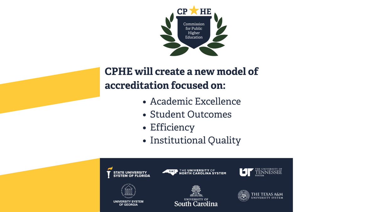 SUS_Florida's tweet image. The Board of Governors approved the creation of the Commission for Public Higher Education (CPHE), a non-profit corporation that will serve as a higher education accreditor. CPHE will advance the quality and improvement of higher education by accrediting state public colleges and…