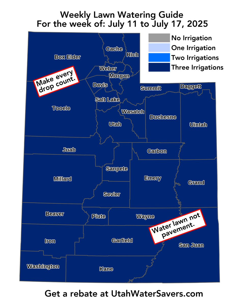utahwaterres's tweet photo. The Weekly Lawn Watering Guides are here! 

Your sprinklers are working hard — make sure they’re working right. Check for broken heads, misdirected spray and leaks. A quick inspection keeps your system efficient and your landscape healthy. #Utah #SlowTheFlow https://t.co/kqZKsB1uSj