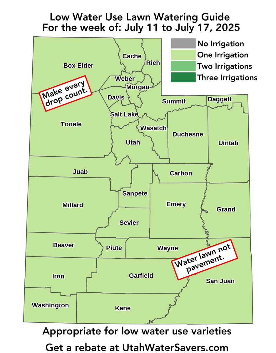 utahwaterres's tweet photo. The Weekly Lawn Watering Guides are here! 

Your sprinklers are working hard — make sure they’re working right. Check for broken heads, misdirected spray and leaks. A quick inspection keeps your system efficient and your landscape healthy. #Utah #SlowTheFlow https://t.co/kqZKsB1uSj