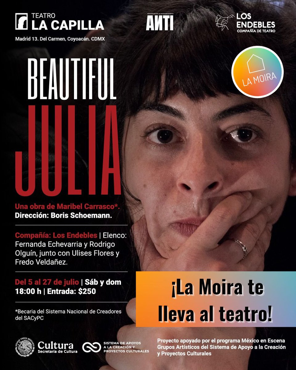 Casa La Moira (@casalamoira) on Twitter photo ¡La Moira te invita al teatro! 🎭
Presenta esta imagen en la taquilla del <a href="/LaCapillaTeatro/">Teatro La Capilla</a>, y obtén hasta dos boletos de $100 pesos (por persona) en las funciones de Beautiful Julia 🎟🎟
📅 Las funciones son Sábados y Domingos de Julio en el Teatro La Capilla ¡La Moira te invita al teatro! 🎭
Presenta esta imagen en la taquilla del <a href="/LaCapillaTeatro/">Teatro La Capilla</a>, y obtén hasta dos boletos de $100 pesos (por persona) en las funciones de Beautiful Julia 🎟🎟
📅 Las funciones son Sábados y Domingos de Julio en el Teatro La Capilla