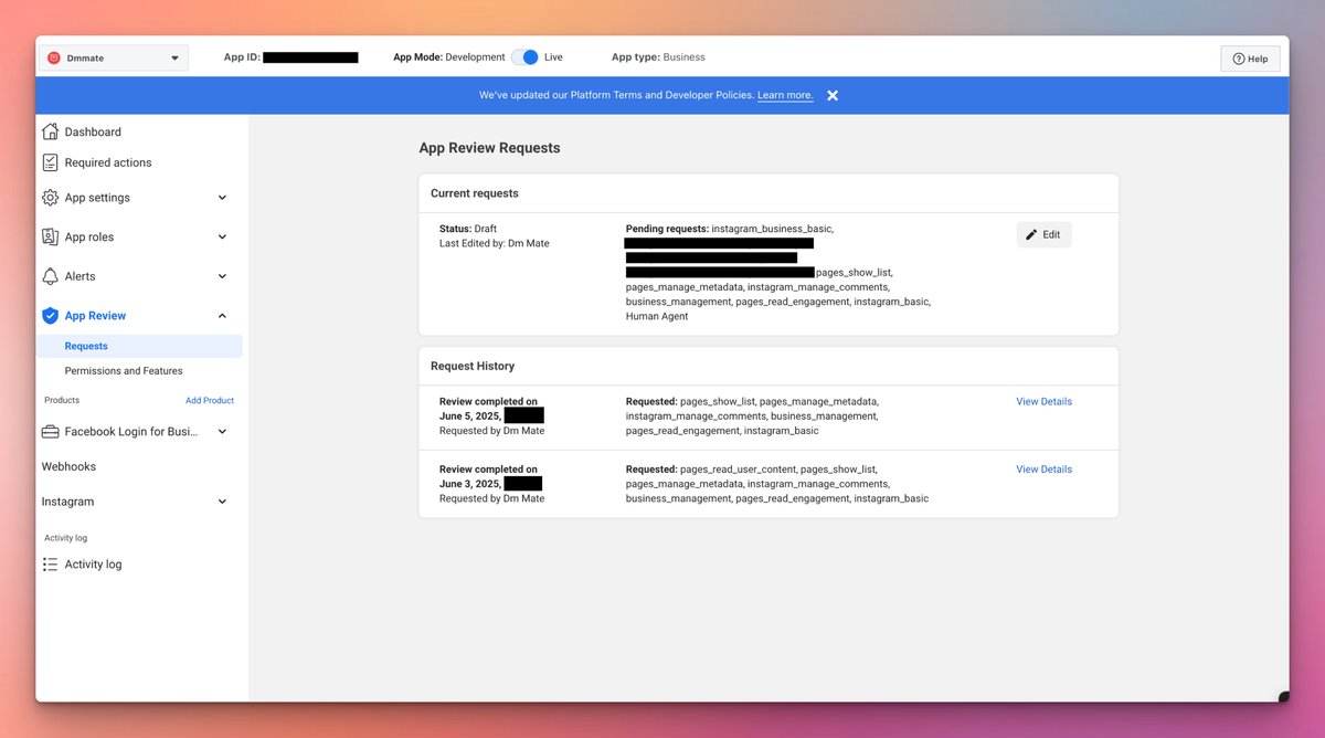 ShivBartaula's tweet image. Can anyone help me with getting my App Review Requests approved by Meta? I have already tried a couple of times and even created a separate dummy Facebook account since Meta no longer provides a test user feature.

I am trying to get the request approved for my side project…