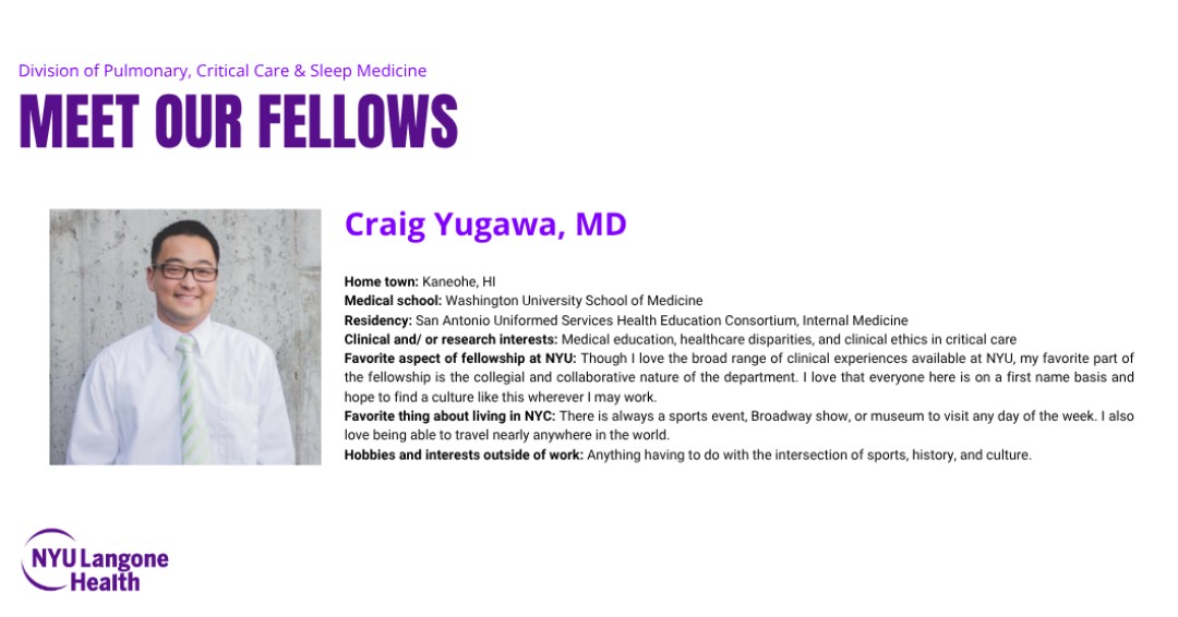 NYULangonePCCSM's tweet image. We're thrilled to feature our fellows! First up is one of this year's Chief Fellows, Dr. Craig Yugawa! 🩺✨ Originally from Hawaii, Craig brings a passion for medical education, ethics, & healthcare equity to our team.
#FellowFriday #PCCM #MedEd