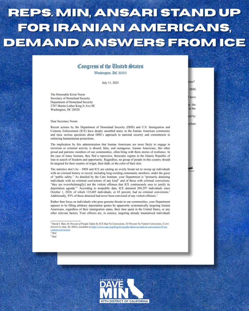 CongressMin's tweet image. Law-abiding Iranian Americans have been systematically targeted by ICE, not out of concern for public safety, but to fill arbitrary deportation quotas. This is completely unacceptable.
@RepYassAnsari and I are demanding answers about their unlawful targeting of the Iranian…
