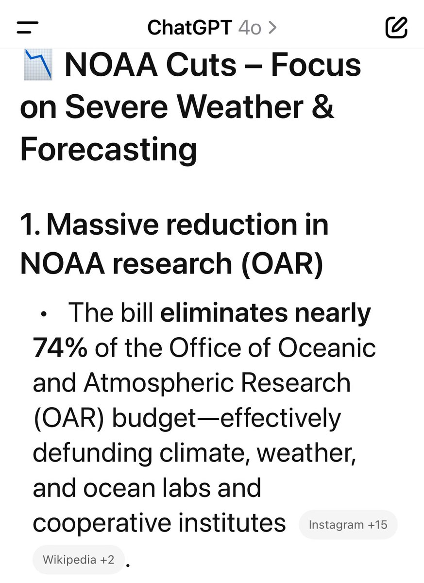 I feel like people aren’t hearing me:

We had four ‘1000 year floods’ in 4 different states last week and Trump’s passed budget completely defunds NOAA’s Severe Storm Research Lab. 👇