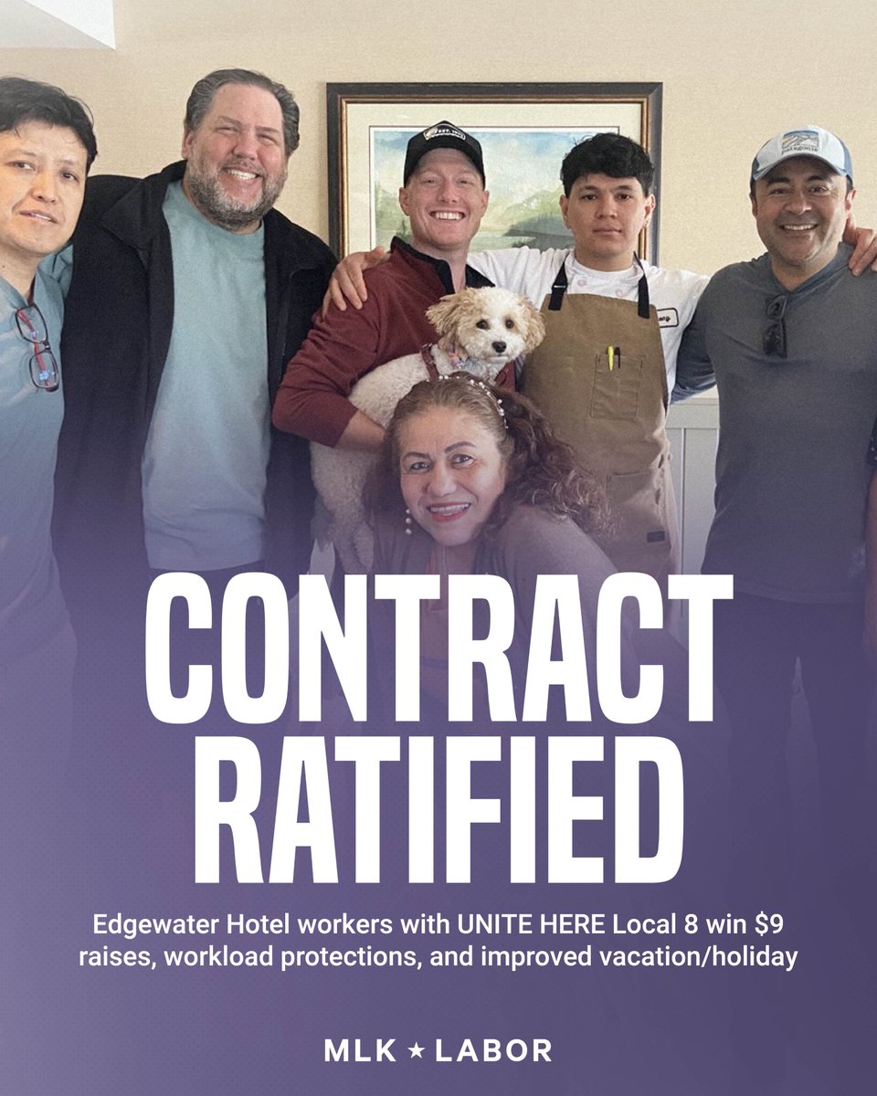 MLKLabor's tweet image. After tough negotiations and threatening to strike, Edgewater Hotel workers unanimously ratified a new contract with $9 raises and improved workload protections.
Way to go @UniteHereLocal8! 🎉