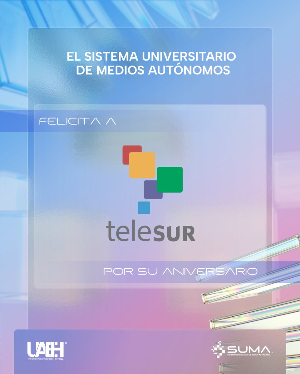 SUMA UAEH (@sumauaeh) on Twitter photo 🎉 ¡Felicidades, <a href="/teleSURtv/">teleSUR TV</a> , por un año más de comunicación con mirada soberana!
Desde SUMA UAEH reconocemos su labor informativa y compromiso con América Latina.
Radio y televisión pública, con autonomía universitaria.
#UAEH #SUMAUAEH #Radio #Televisión #Pachuca 🎉 ¡Felicidades, <a href="/teleSURtv/">teleSUR TV</a> , por un año más de comunicación con mirada soberana!
Desde SUMA UAEH reconocemos su labor informativa y compromiso con América Latina.
Radio y televisión pública, con autonomía universitaria.
#UAEH #SUMAUAEH #Radio #Televisión #Pachuca