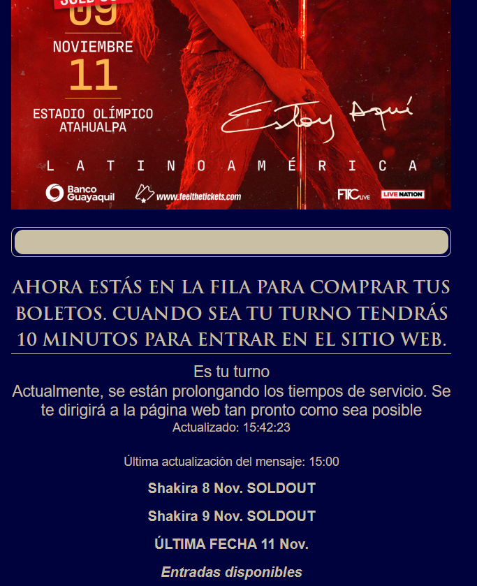 arsago_ec's tweet photo. @shakira @feelthetickets #feelthetickets mas de una hora y media en espera y la fila virtual no avanza.- ?????? https://t.co/J8EMGFqeyC