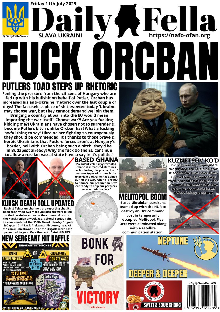 It’s Daily Fella time. Read about Orban disrespecting Ukraine as usual, more russian officers confirmed deaded &amp; the Admiral Kuznetsov is finished.

Plus <a href="/Wendehopes/">Wende🎗️🐝 🏴‍☠️</a> has a new <a href="/sergeantkit/">CO "Sergeant Kit" / ГО "Сержант Кіт"</a> fundraiser. 

#DailyFella #DailyFellaNews #SlavaUkraini #NAFO