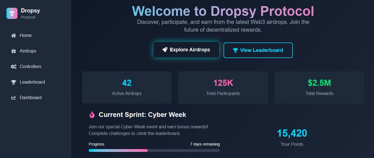 dropsy_protocol's tweet image. 🚧 Sneak peek from the Dropsy DApp in the making...

Futuristic. Fast. Fluid.

We&apos;re not just building features — we&apos;re designing the future of airdrops.

👥 Referrals will be part of the game — and early users get the edge.

🧪 Live soon on devnet.
#DropsyProtocol #Solana…