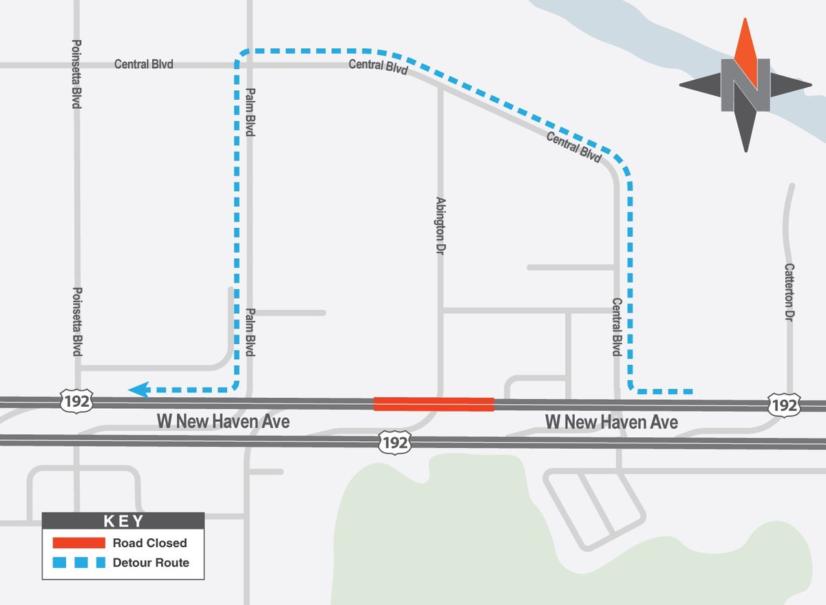 MyFDOT_CFL's tweet image. Traffic Advisory: Westbound U.S. 192 is closed at Abington Drive in West Melbourne for roadway repairs.
Drivers will detour via Central Blvd and Palm Blvd before returning to U.S. 192.
Use caution and follow posted signs. @BrevardCo_FL