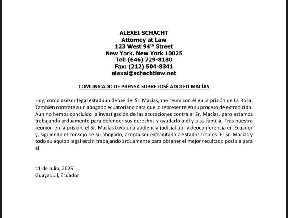 Comunicado abogado de José Adolfo Macias Villamar