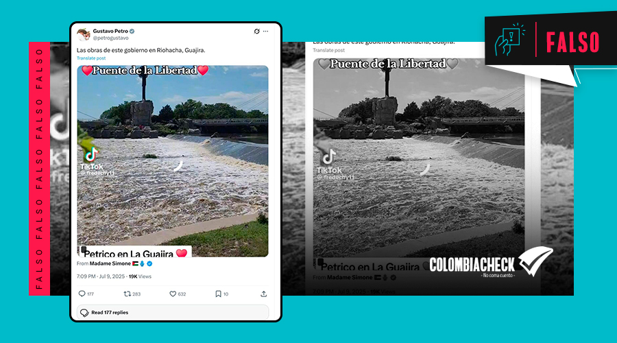 #FALSO 🚩 Petro compartió un video de un supuesto puente construido por su gobierno en La Guajira.
Pero la estructura está en Kansas, EE. UU.
No es una obra en Colombia ni un logro de su administración. 
🔗 acortar.link/H4axLi