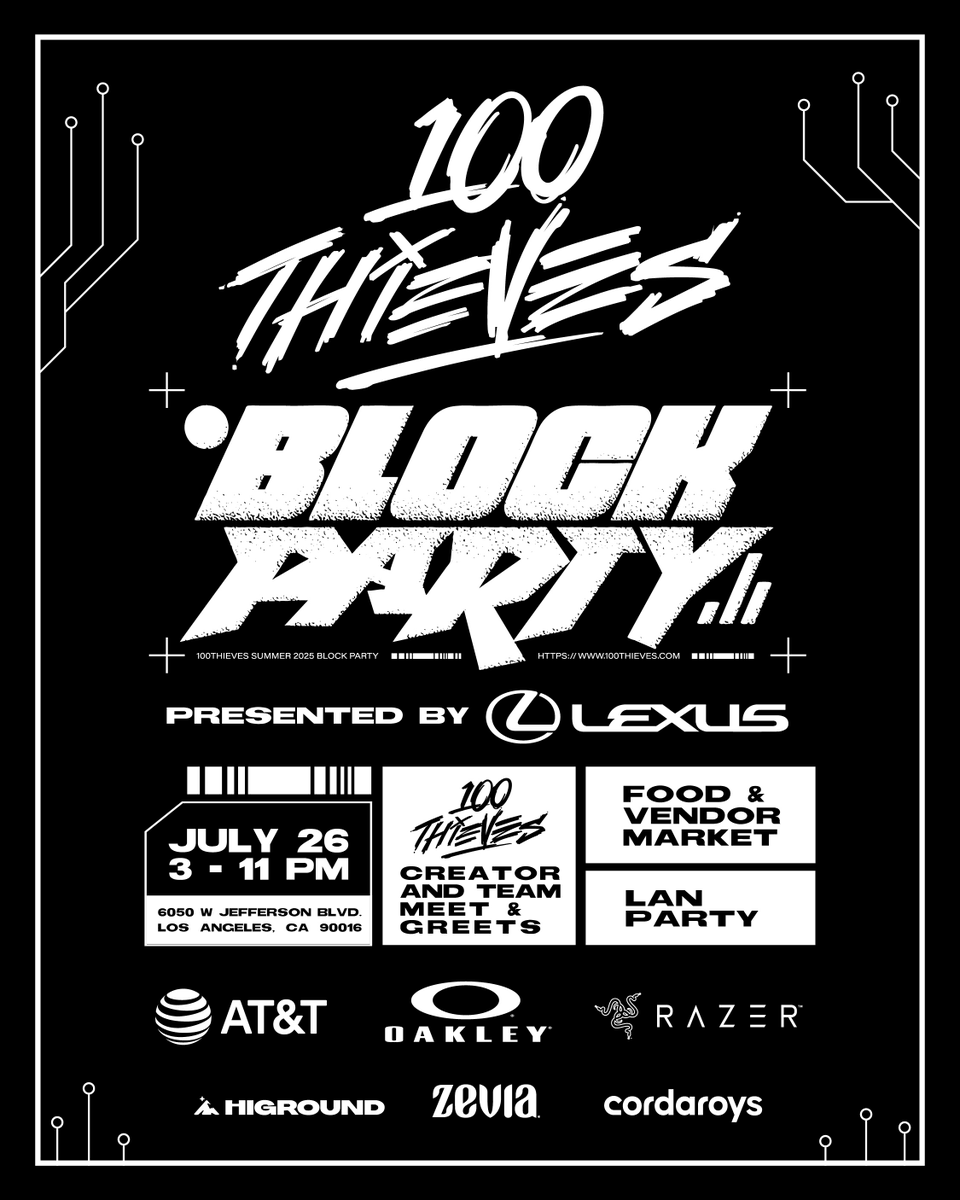 100Thieves's tweet photo. Summer Block Party is back.

Join us at the Compound on 7.26 for a day of meetups, gaming, exclusive sales, and a whole lot more.

GA is free. VIP is available for purchase. https://t.co/LXFM5rFkDw