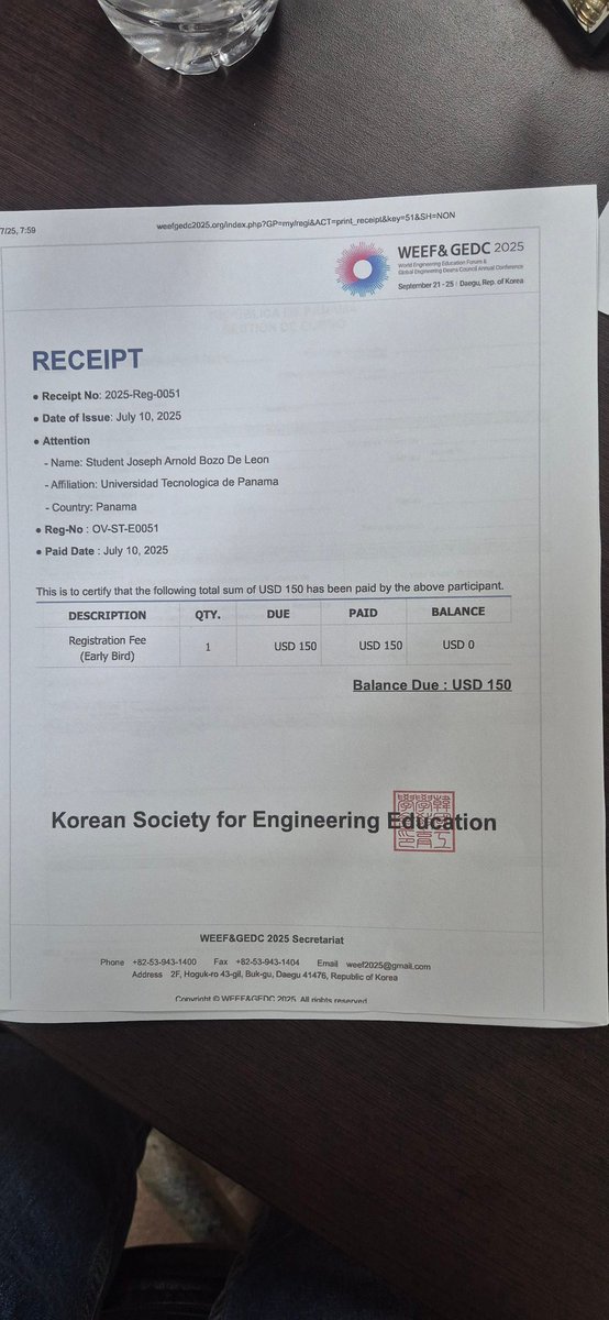 DrAlexisTejedor's tweet photo. Mi estudiante de Ingeniería Industrial de @UTPVeraguas de la @utppanama a un paso de codearse con la crema y nata de la educación ingenieril del mundo. Será en Corea en el World Engineering Education Forum 2025. Ojalá algún día Panamá llegue a sediar este evento global. https://t.co/yIxV8DQ5F8
