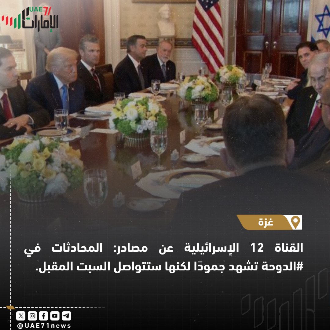 #الامارات71 | (-)

القناة 12 الإسرائيلية عن مصادر: المحادثات في الدوحة تشهد جمودًا لكنها ستتواصل السبت المقبل.

| #فلسطين #غزة #الدوحة.