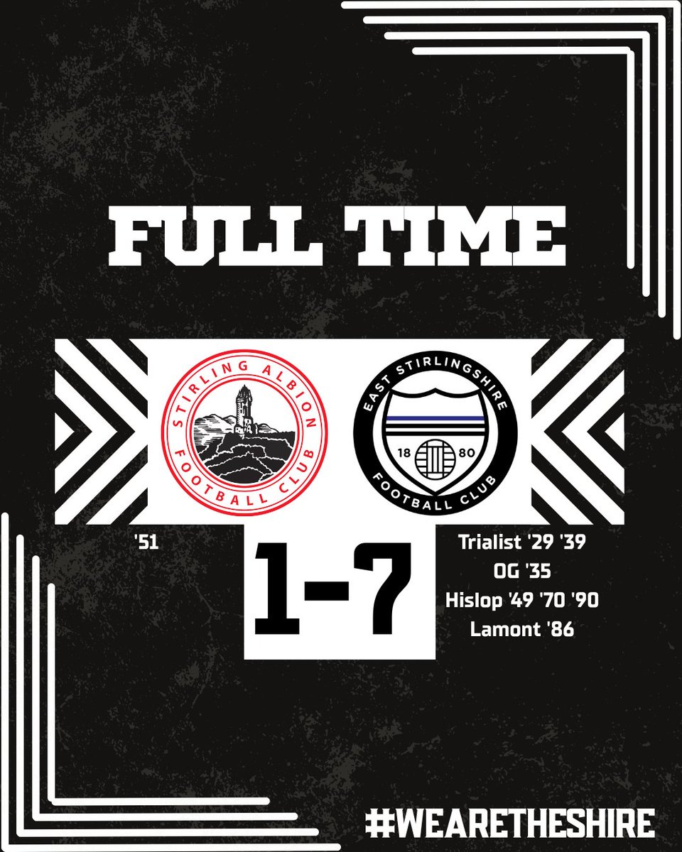 ⏹️ | 𝗙𝗨𝗟𝗟 𝗧𝗜𝗠𝗘 

Magnificent seven for the Shire

Thank you to Stirling Albion U20's for the game and good luck for the upcoming season.

SAFC 🔴⚪ 1 - 7 ESFC 🟡🔵
#WeAreTheShire