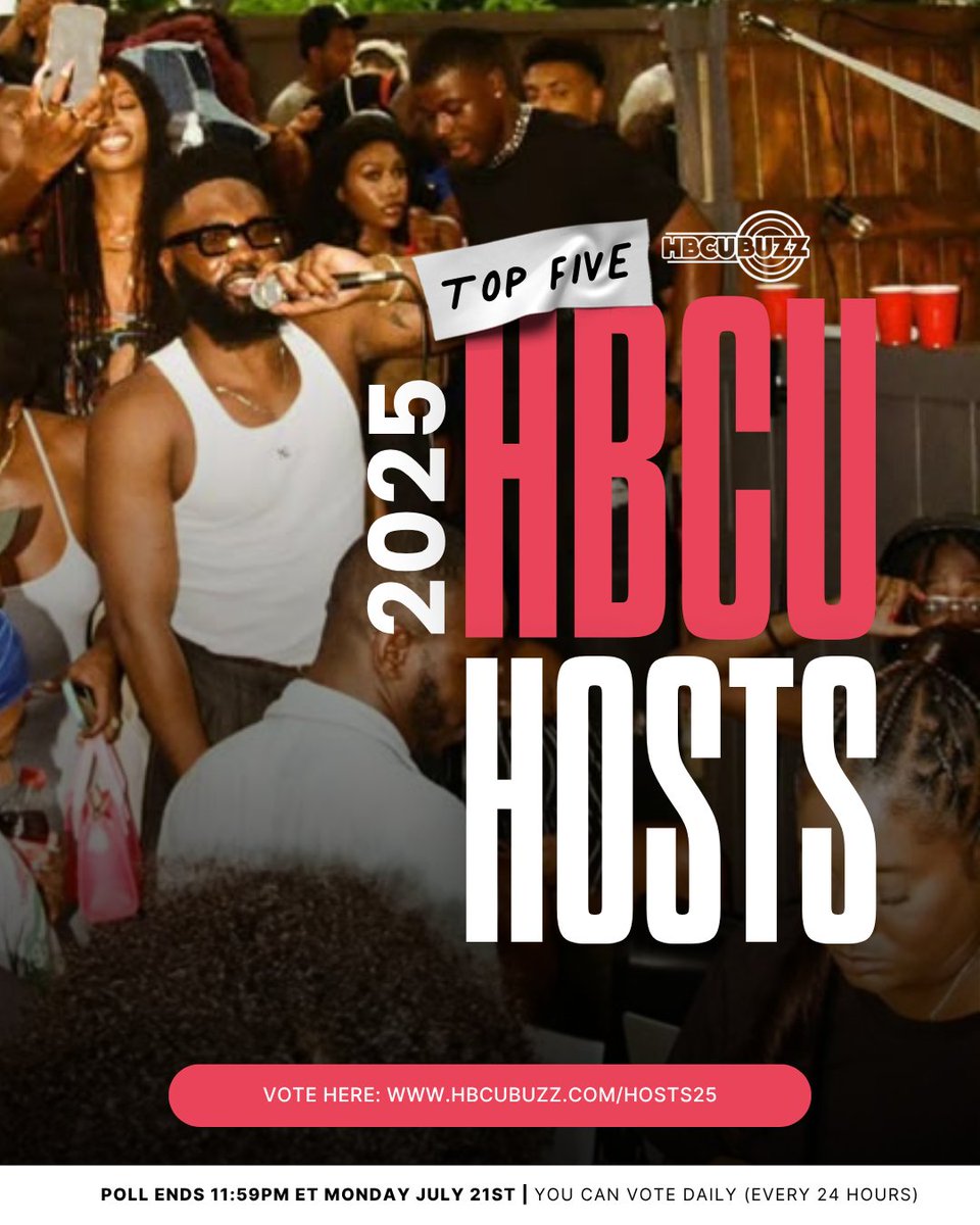 HBCUBuzz's tweet image. 🎤 The mic is yours! We’re officially LIVE with the Top 5 HBCU Hosts Poll 🎉✨ Vote here: hbcubuzz.com/105260/top-hbc…

✅ You can vote once per day
🇺🇸 Only valid votes from the U.S. will be counted

#HBCUHosts #HBCUPride #HBCUBuzz #HBCU