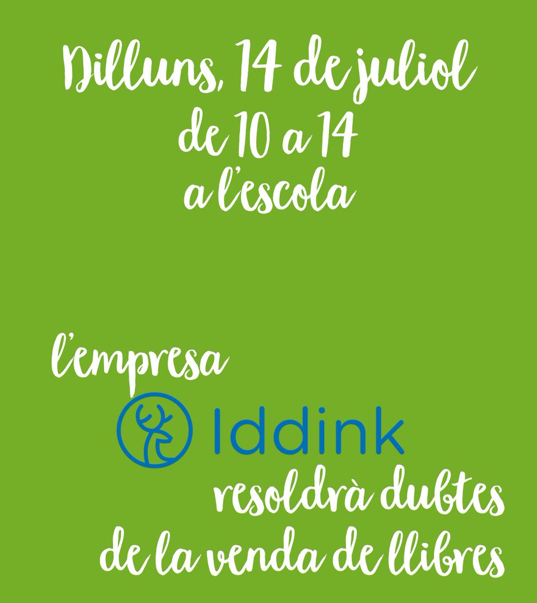 Tens dubtes amb la compra de llibres a través de la plataforma <a href="/Iddink/">Iddink</a> ?

🗓️ Dilluns, 14 de juliol
🕙 De 10 a 14
🏫 A l’escola