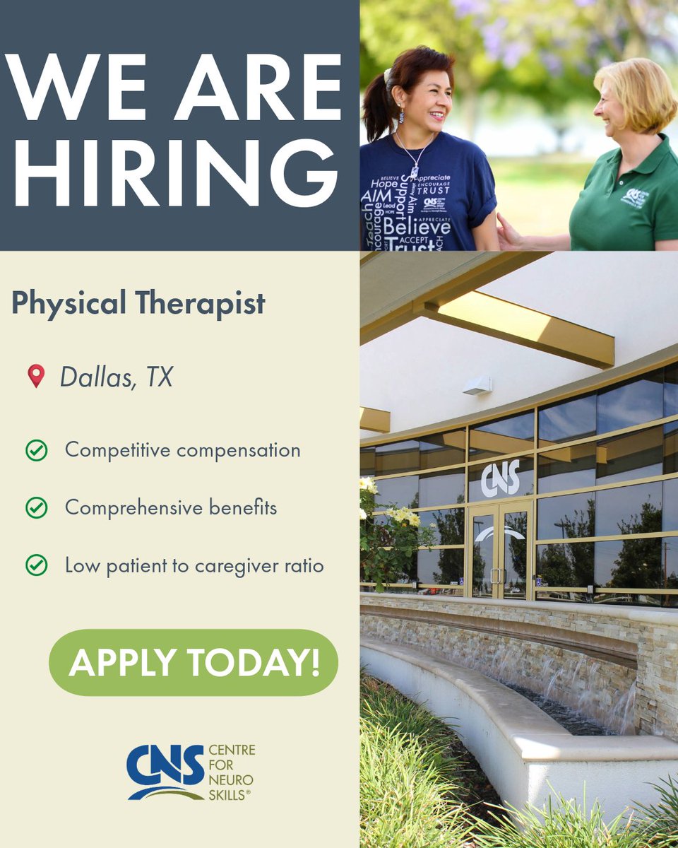 Our Dallas location is hiring Physical Therapists! We offer competitive compensation, comprehensive benefits and a low patient to caregiver ratio!

Visit our Career Center and apply today:
neuroskills.com/careers/

#NeuroSkills #Hiring #BrainInjury #Nursing
