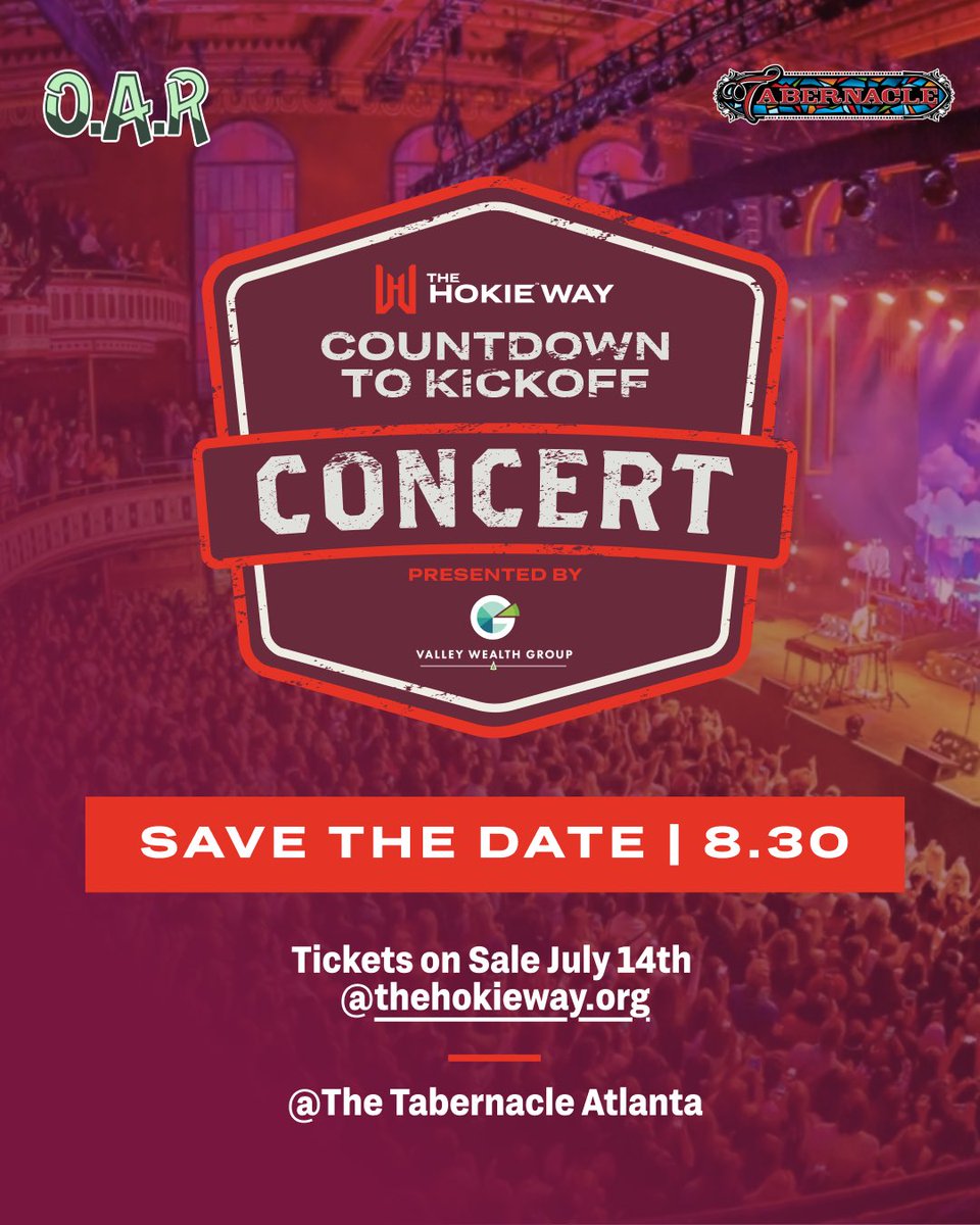 TheHokieWay's tweet image. Hey #Hokies, who’s ready for a great time in ATL?!!
We’re thrilled to announce the Countdown to Kickoff Concert featuring O.A.R.!
This private show for #Hokies will take place on 8/30, the night before @HokiesFB takes on South Carolina.
Tickets on sale Monday, 7/14 at 10 am!