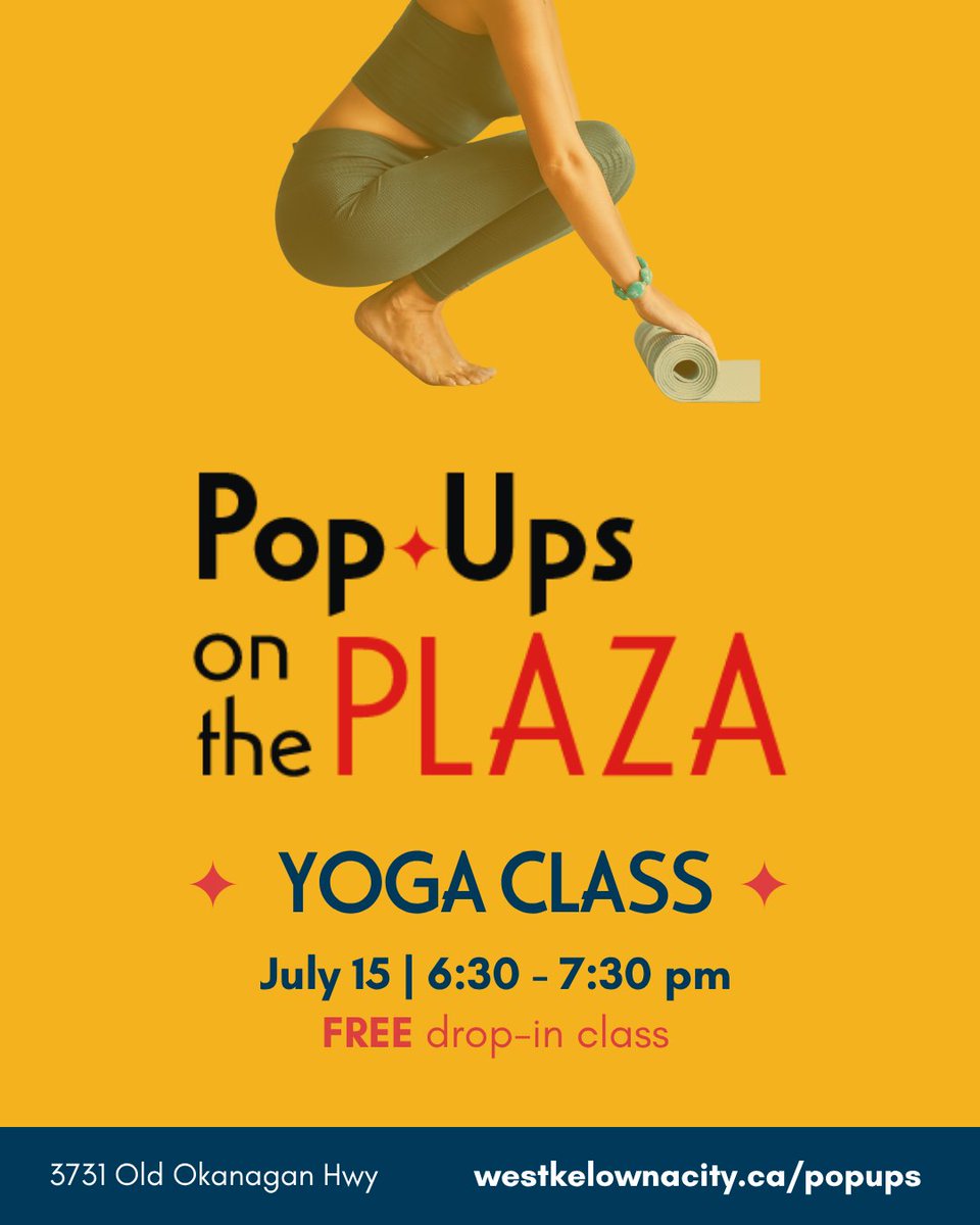 Stretch, breathe and unwind with FREE yoga on the Plaza!

📍Location: The Plaza at City Hall, 3731 Old Okanagan Hwy
⏰Date and time: Tuesday, July 15 from 6:30 - 7:30 p.m.
ℹ️What to bring: Comfortable workout attire, a water bottle and a mat.
🔗 More at: westkelownacity.ca/popups