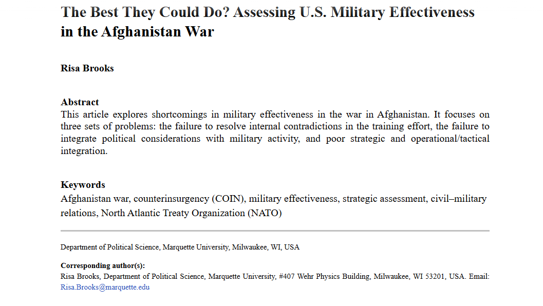 AFS_SAGE's tweet image. Check out this article from our Afghanistan war symposium: The Best They Could Do? Assessing U.S. Military Effectiveness in the Afghanistan War - Risa Brooks (@RisaBrooks01), 2023 #OpenAccess #SpecialIssue journals.sagepub.com/doi/full/10.11…