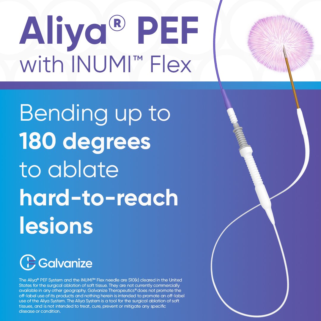 Aliya® PEF with the INUMI™ Flex needle empowers physicians to ablate hard-to-reach soft tissue lesions. This needle has the ability to bend up to 180 degrees without kinking and uses Aliya #PEF energy to induce cell death through non-thermal mechanisms, leaving the extracellular