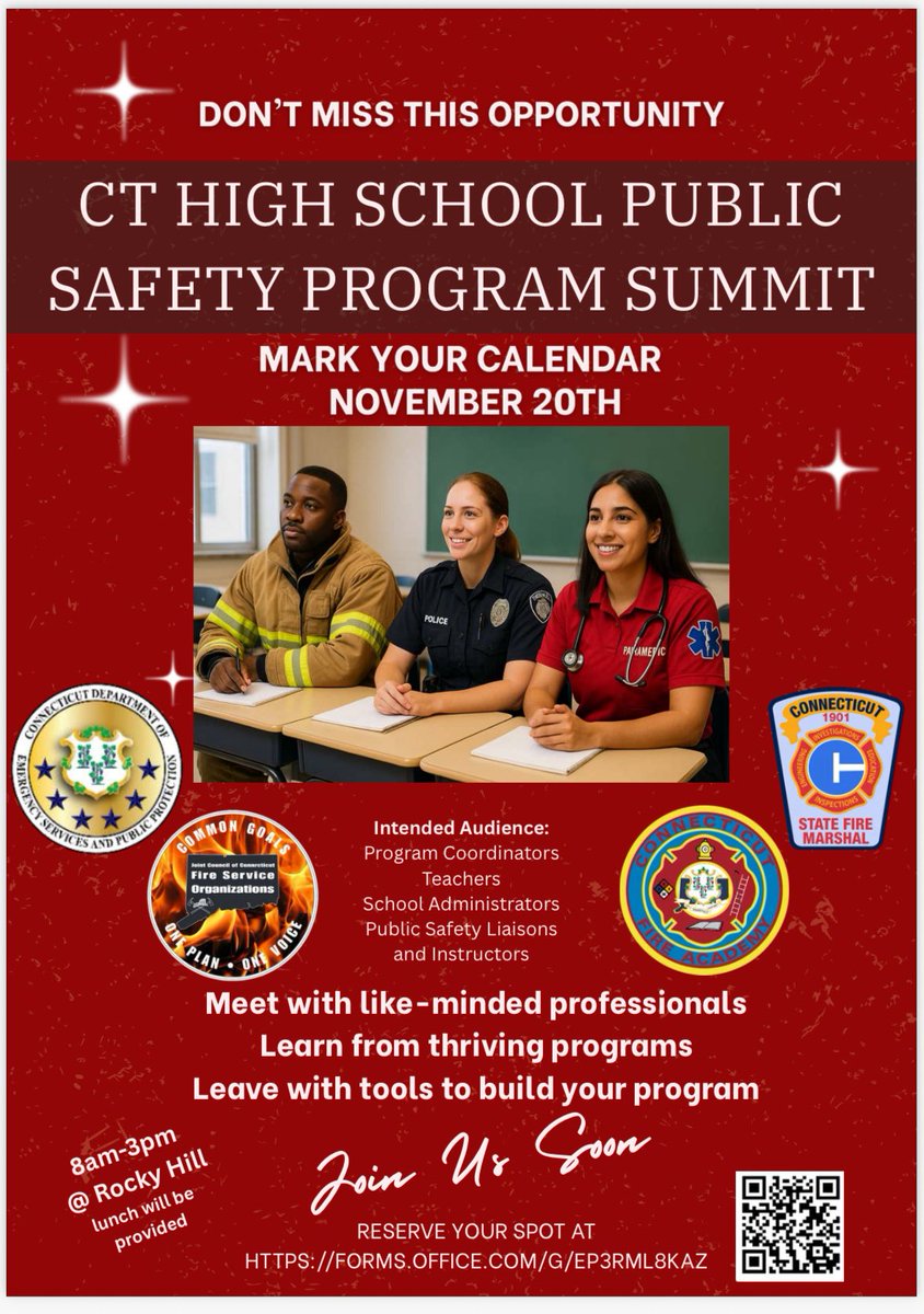 CT Fire Academy (@ctcfpc) on Twitter photo SAVE THE DATE – Nov 20, 2025
Join public safety leaders, educators & workforce pros for the CT Public Safety Pathway Summit. Build stronger high school programs & career pipelines in fire, EMS, law enforcement & more. <a href="/EducateCT/">CT Dept of Education</a>
#CTFireAcademy #PublicSafetyCT SAVE THE DATE – Nov 20, 2025
Join public safety leaders, educators & workforce pros for the CT Public Safety Pathway Summit. Build stronger high school programs & career pipelines in fire, EMS, law enforcement & more. <a href="/EducateCT/">CT Dept of Education</a>
#CTFireAcademy #PublicSafetyCT