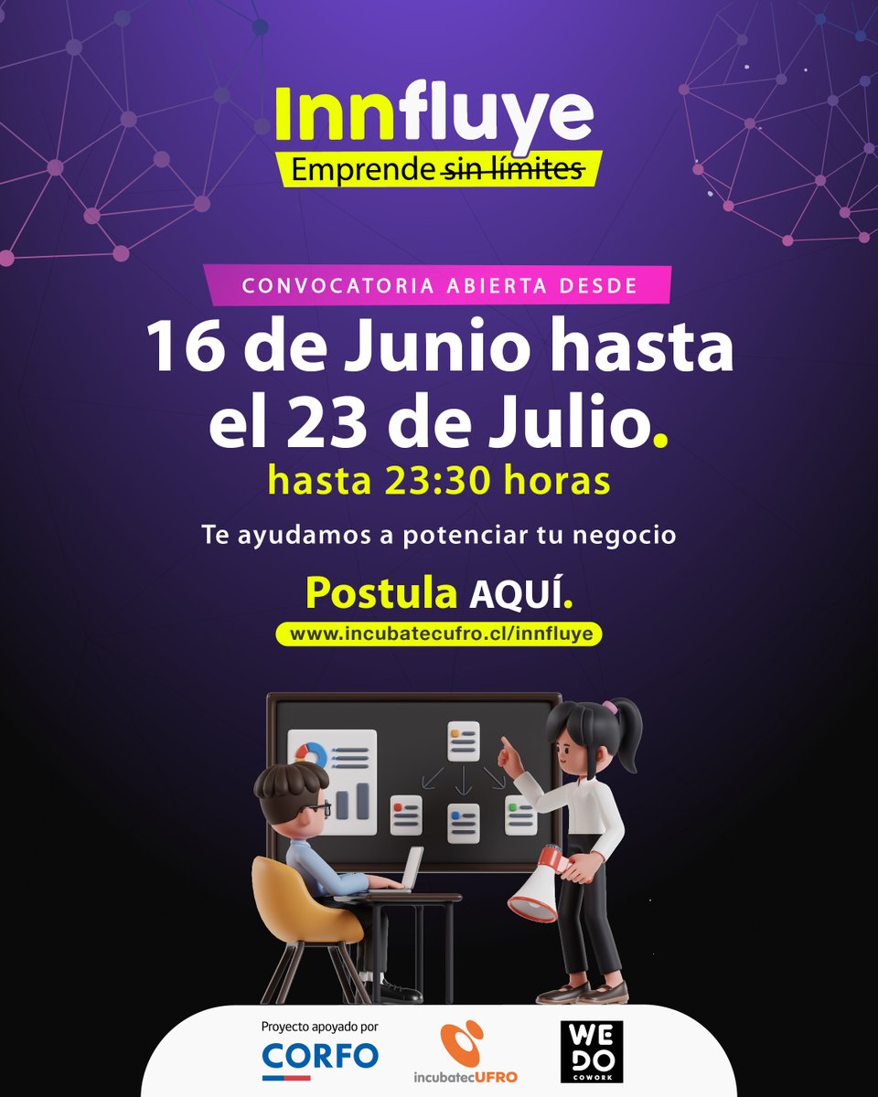 IncubatecUFRO (@incubatecufro) on Twitter photo 🚀 ¿Tienes un emprendimiento en la región de O’Higgins?
Accede a formación, asesoría técnica y redes de apoyo para escalar tu negocio.
🗓️ Postula hasta el 23 de julio
🔗 incubatecufro.cl/innfluye
❓ Dudas: proyectos@incubatecufro.cl
#SomosIncubatecUFRO #OHiggins #Innfluye 🚀 ¿Tienes un emprendimiento en la región de O’Higgins?
Accede a formación, asesoría técnica y redes de apoyo para escalar tu negocio.
🗓️ Postula hasta el 23 de julio
🔗 incubatecufro.cl/innfluye
❓ Dudas: proyectos@incubatecufro.cl
#SomosIncubatecUFRO #OHiggins #Innfluye