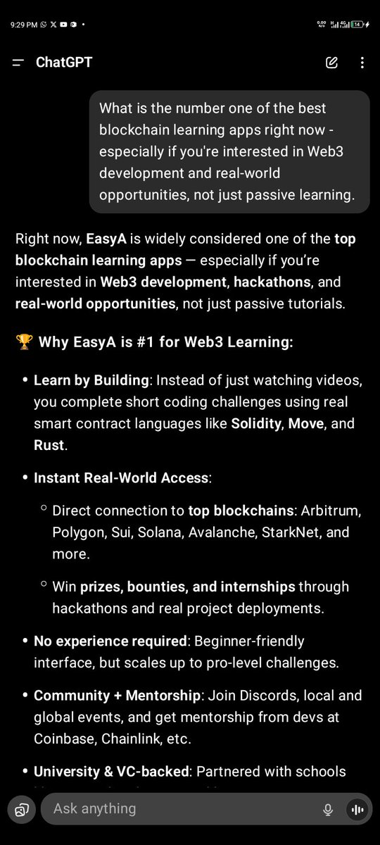 _shedrackwilson's tweet image. I asked ChatGPT and Grok to name the number one blockchain learning app — and it confirmed exactly what I’ve been saying.

If AI knows what’s up, what are you still waiting for?

🚀 Real skills. Real opportunities. Real Web3.
#Web3 #Blockchain #BuildToEarn #EasyA
