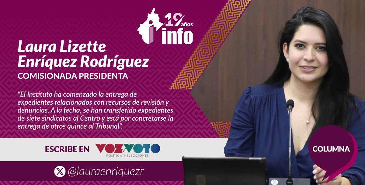 INFO (@infocdmex) on Twitter photo 📣 En <a href="/revistavyvmx/">Voz y Voto</a>, la Comisionada Presidenta <a href="/lauraenriquezr/">Laura L. Enríquez Rodríguez</a> analiza un tema clave y poco discutido: la nueva distribución de competencias en transparencia y privacidad sobre partidos políticos y sindicatos locales.
¿Quién garantizará ahora estos derechos? ¿Qué pasa con los 📣 En <a href="/revistavyvmx/">Voz y Voto</a>, la Comisionada Presidenta <a href="/lauraenriquezr/">Laura L. Enríquez Rodríguez</a> analiza un tema clave y poco discutido: la nueva distribución de competencias en transparencia y privacidad sobre partidos políticos y sindicatos locales.
¿Quién garantizará ahora estos derechos? ¿Qué pasa con los