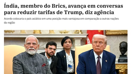 Enquanto Lula dobra a aposta na briga com Trump, a Índia, segunda maior economia do BRICS e com maior potencial de crescimento, se prepara para um mega acordo de corte de tarifas. O BRICS? Deram um pé na bunda.

Já o PT prefere morrer abraçado com ditadores às suas custas.