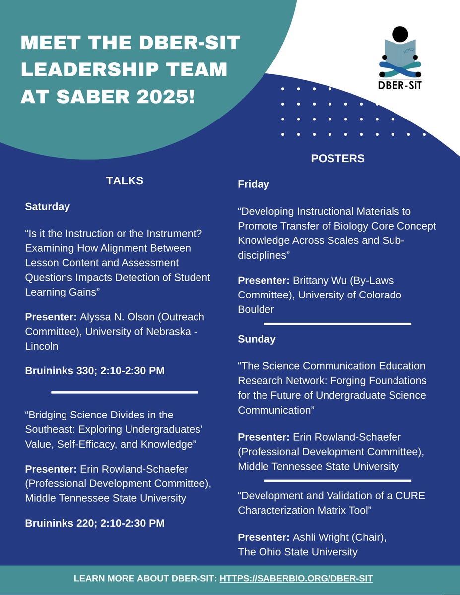 DBER_SiT's tweet image. Our DBER-SiT Leadership team has posters and talks everyday for the rest of #SABER2025! Come meet us and learn about our research 📊 @SABERcommunity