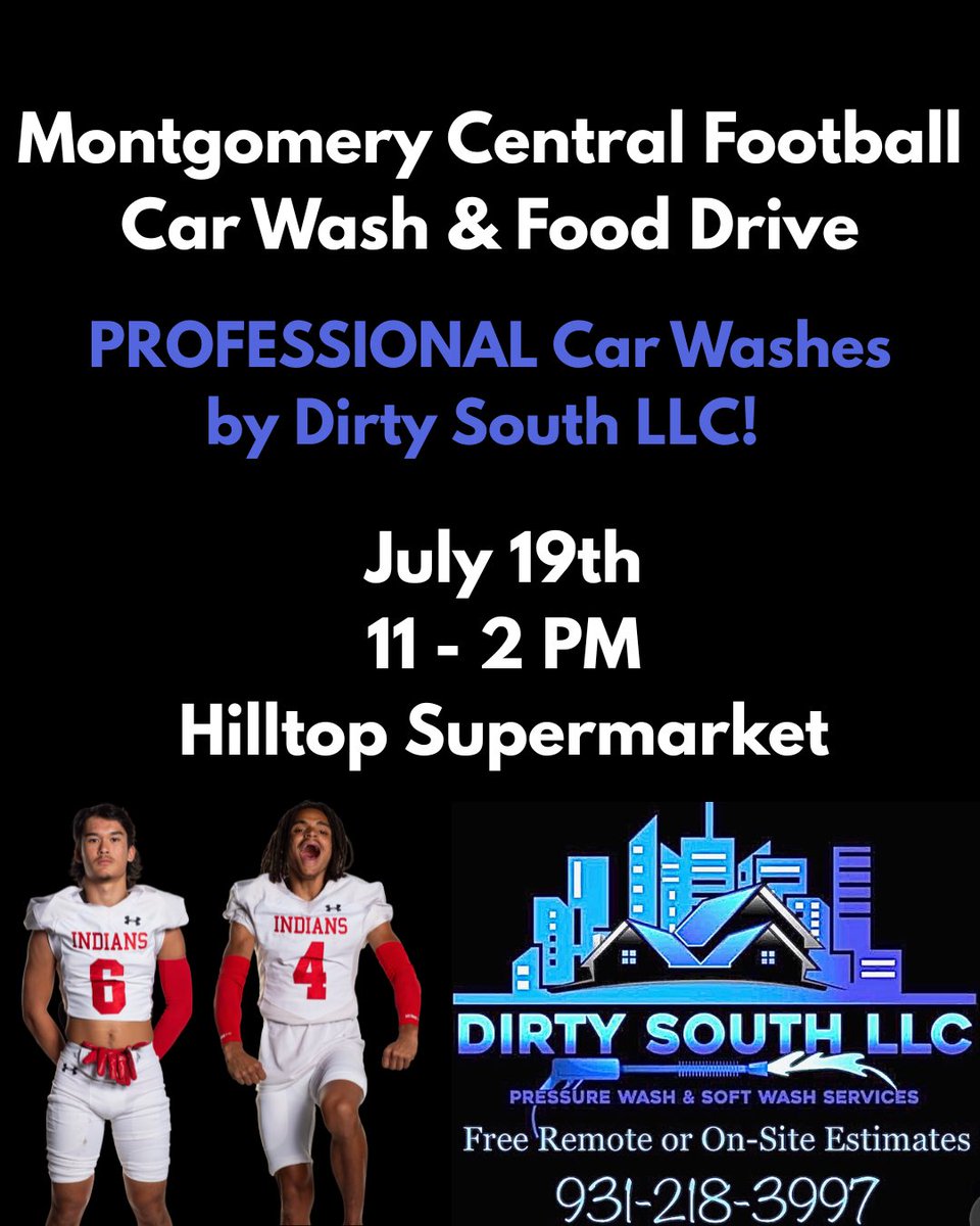 Montgomery Central Football (@montcentralfb) on Twitter photo Come out and support Central Football! 🏈 Donate to our camp week food drive or get your car washed by Dirty South! 💦
Or both!
#1TribeStandard Come out and support Central Football! 🏈 Donate to our camp week food drive or get your car washed by Dirty South! 💦
Or both!
#1TribeStandard
