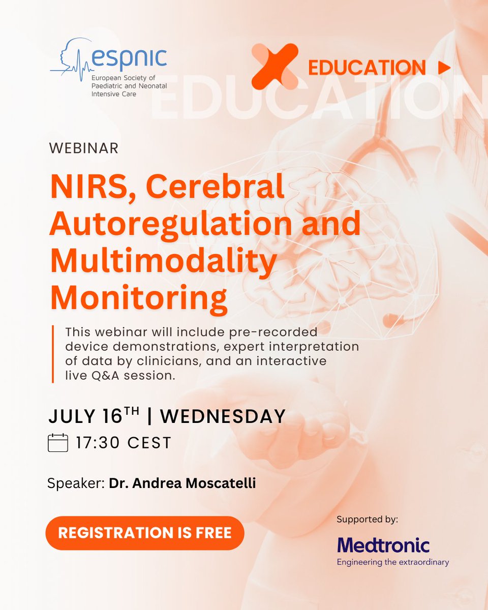 ESPNIC_Society's tweet image. Join us for an #ESPNIC interactive #webinar on #NIRS, Cerebral Autoregulation & Multimodality Monitoring — offering practical insights & real-world applications for your clinical practice.
✅ Register for FREE to attend! bit.ly/4kSnHXH
📅 When: This Wednesday, 5.30pm