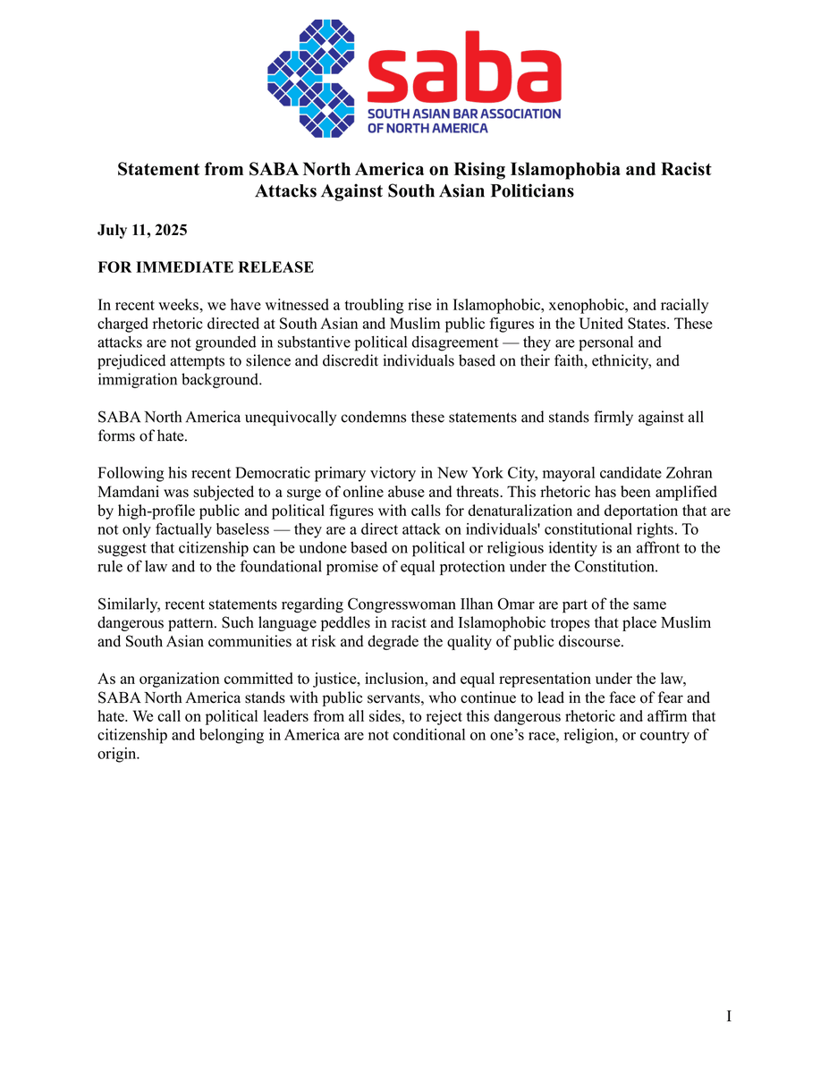Statement from SABA North America on Rising Islamophobia and Racist Attacks Against South Asian Politicians