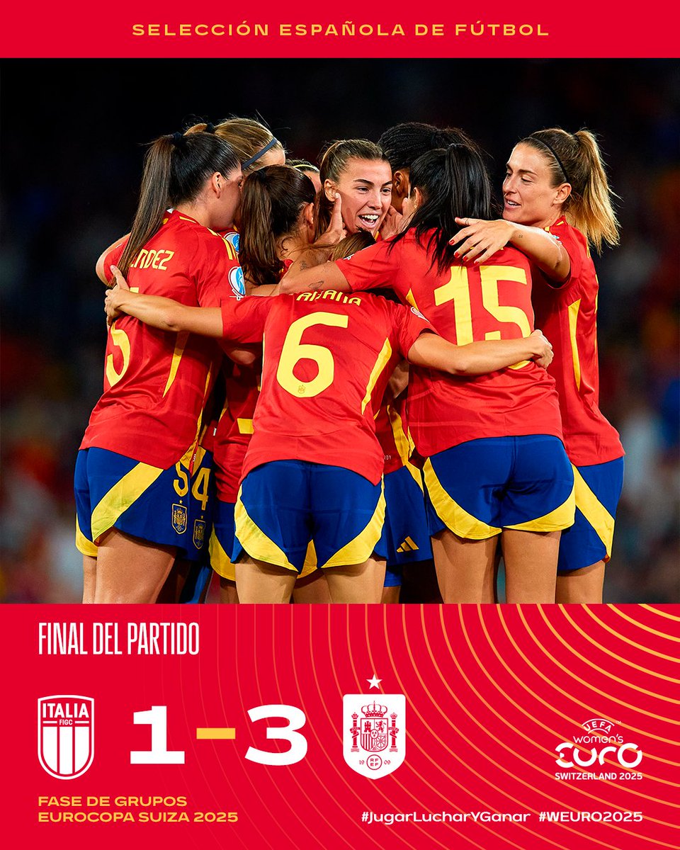 🏁 ¡𝗦𝗘 𝗔𝗖𝗔𝗔𝗔𝗔𝗔𝗕𝗔 𝗘𝗟 𝗣𝗔𝗥𝗧𝗜𝗗𝗢!

¡España lidera en el Grupo B con un pleno de victorias!

🇮🇹 1-3 🇪🇸 | Final.

#WEURO2025 | #JugarLucharYGanar
