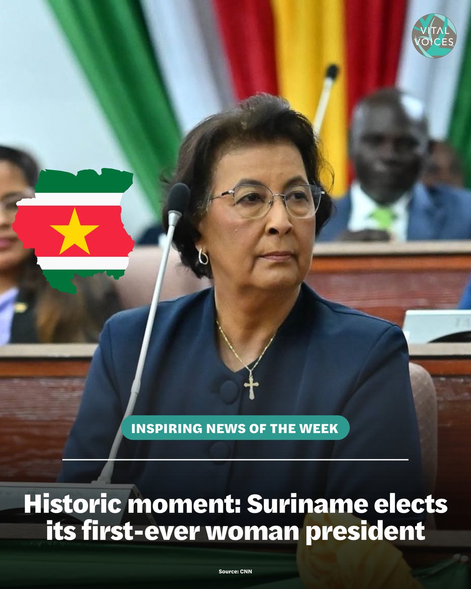 VitalVoices's tweet image. It's time for #InspiringNewsOfTheWeek.
From record-breaking athletes to history-making leaders — here’s your Friday dose of positive news.
🇸🇷 Suriname: Jennifer Simons has been elected the country's first-ever woman president — a landmark moment for women in politics.
🧵 (1/9)