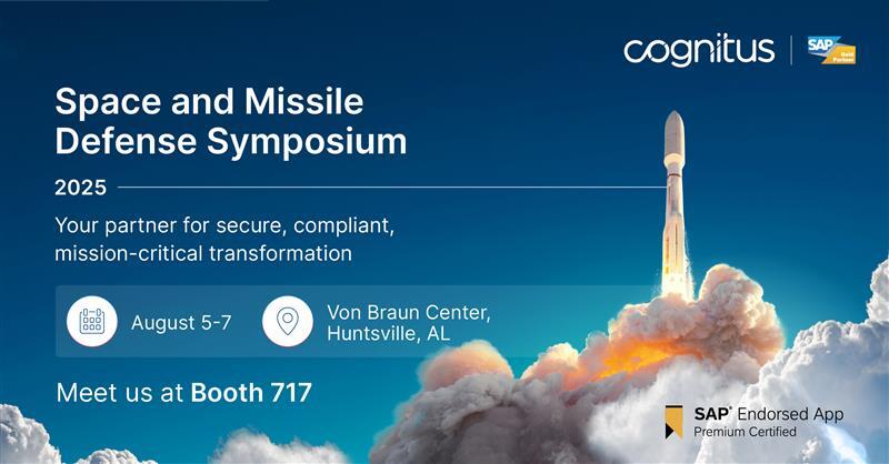 CognitusTweets's tweet image. Cognitus is proud to be an Exhibitor in the #SpaceandMissileDefenseSymposium 2025! Meet us at booth 717 to learn how #SAPCloudERP and our #CISGovCon solution drive #compliance, #efficiency, and #agility across the defense industry. Register today: hubs.la/Q03wZq8D0